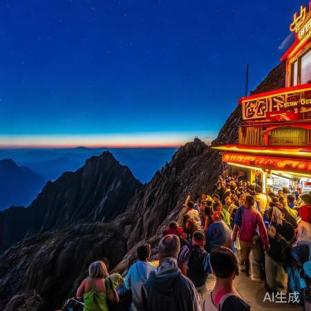 泰山顶夜幕下人潮涌动
