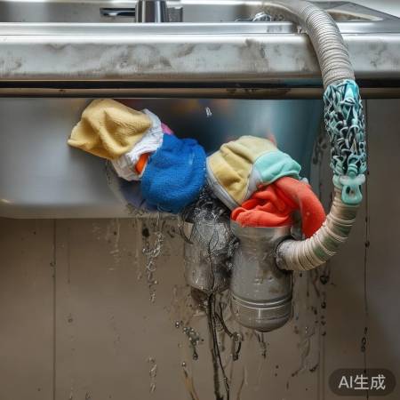 洗衣机排水管堵塞,衣物仍存水。