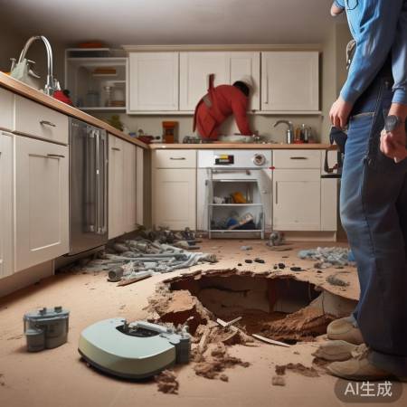 师傅安装灶具敲破地板