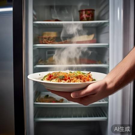 剩饭变质因细菌滋生，及时冷藏防