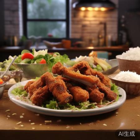 炸排骨配米饭与沙拉